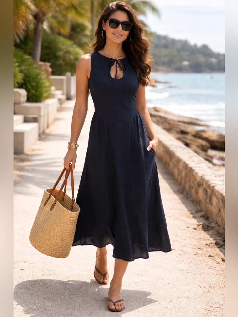 Camila Coelho Navy Tie-Neck Sleeveless Maxi Dress 6